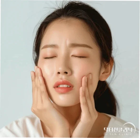 눈을 감은 여성이 양손으로 볼과 턱을 감싸며 턱 당김을 느끼는 듯한 표정을 짓고 있습니다. 안면윤곽 흉살로 인한 불편감을 시각적으로 표현한 모습입니다.